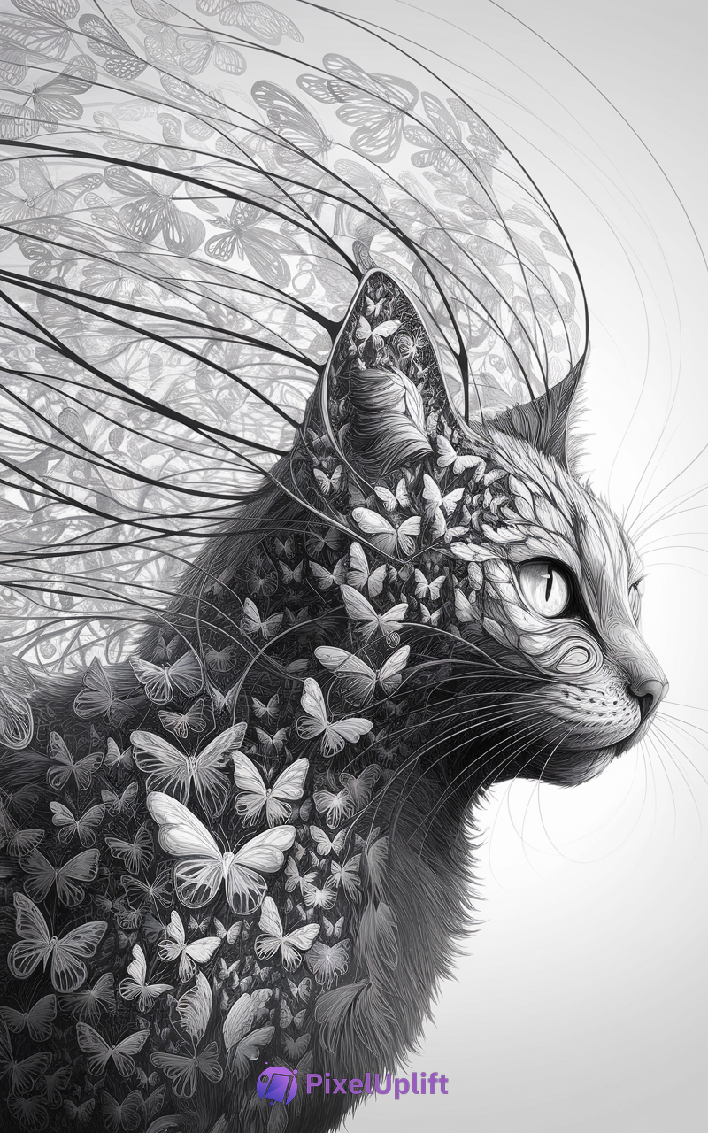 Monochrome artistic phone wallpaper of a cat composed of butterflies with some flying away on gradient background
