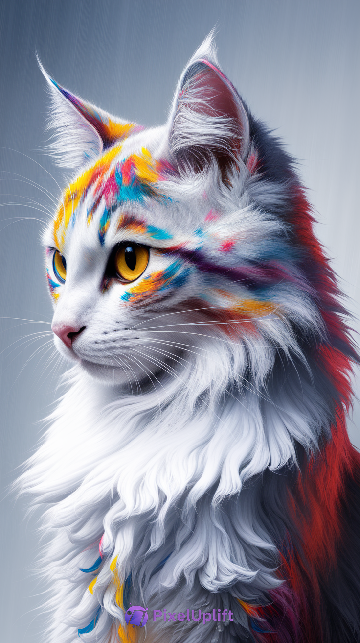 Close-up side profile of a long-haired white cat with bright yellow eyes and multicolored paint-like fur markings on a soft blue-gray gradient background
