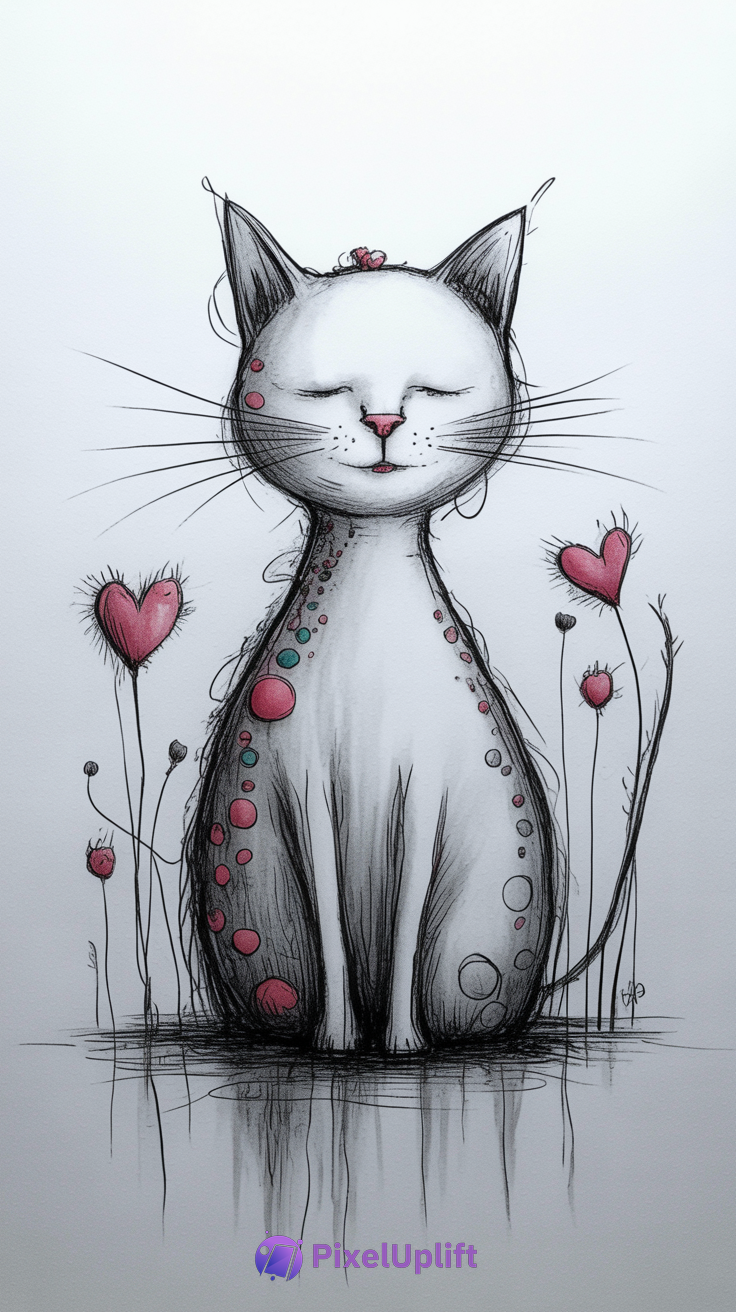 Artistic drawing of a calm white cat with red and blue circles sitting among stylized flowers on a white background phone wallpaper