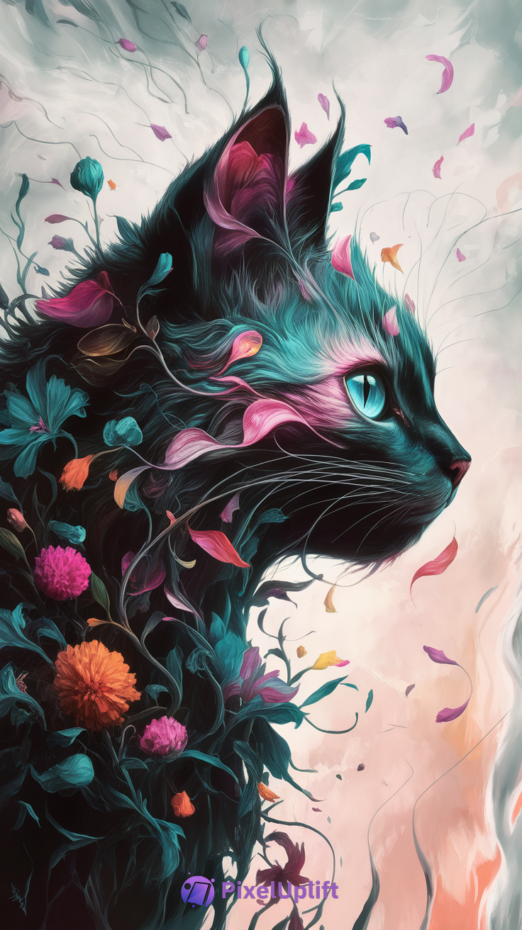 Artistic cat phone wallpaper with vibrant fur blending into colorful flowers and plants on a soft pastel background