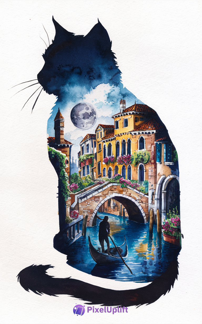 Artistic phone wallpaper showing a black cat silhouette filled with a colorful Venetian canal scene including buildings, a gondola, a stone bridge, and a full moon