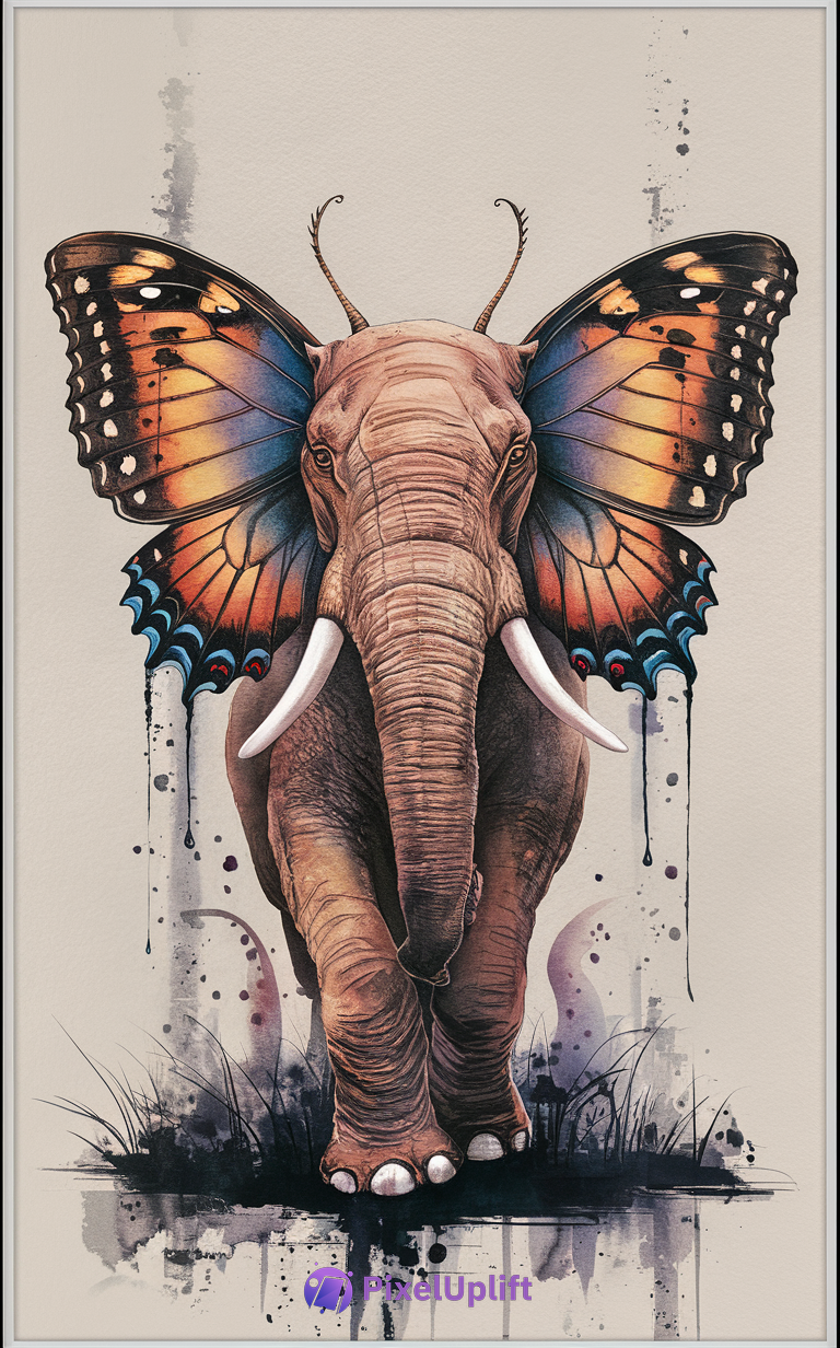 Artistic elephant phone wallpaper with colorful butterfly wings and watercolor splash background