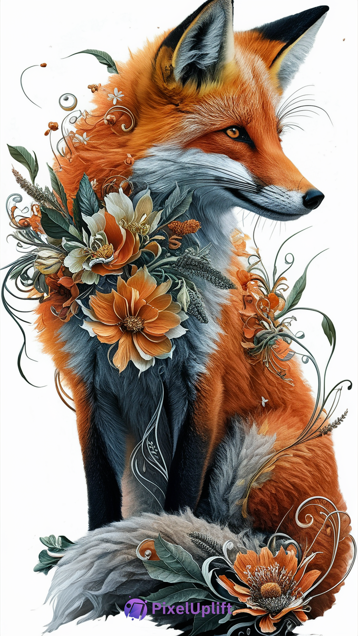 Artistic fox phone wallpaper with vibrant orange and cream flowers and green leafy designs