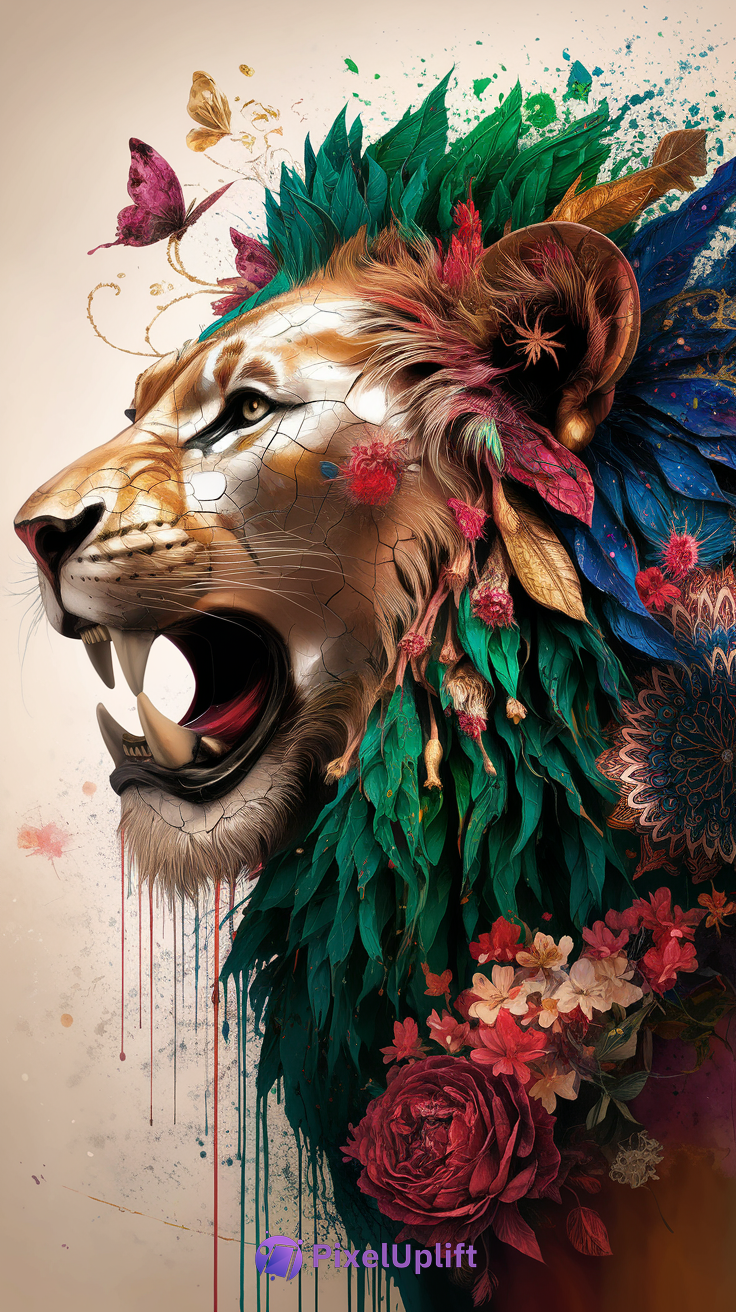 Vivid artistic phone wallpaper of a roaring lion head with colorful leaf and flower mane, butterflies and paint splatter background
