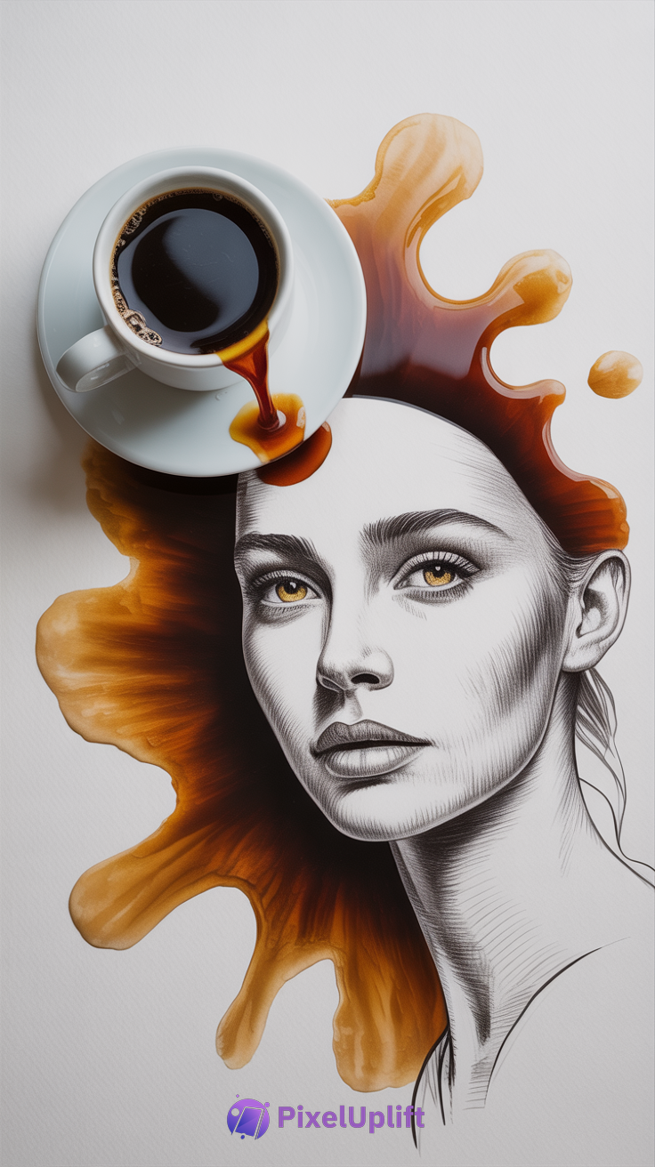 Artistic phone wallpaper showing a realistic woman's face with golden eyes and a white coffee cup overflowing with coffee spill forming abstract hair
