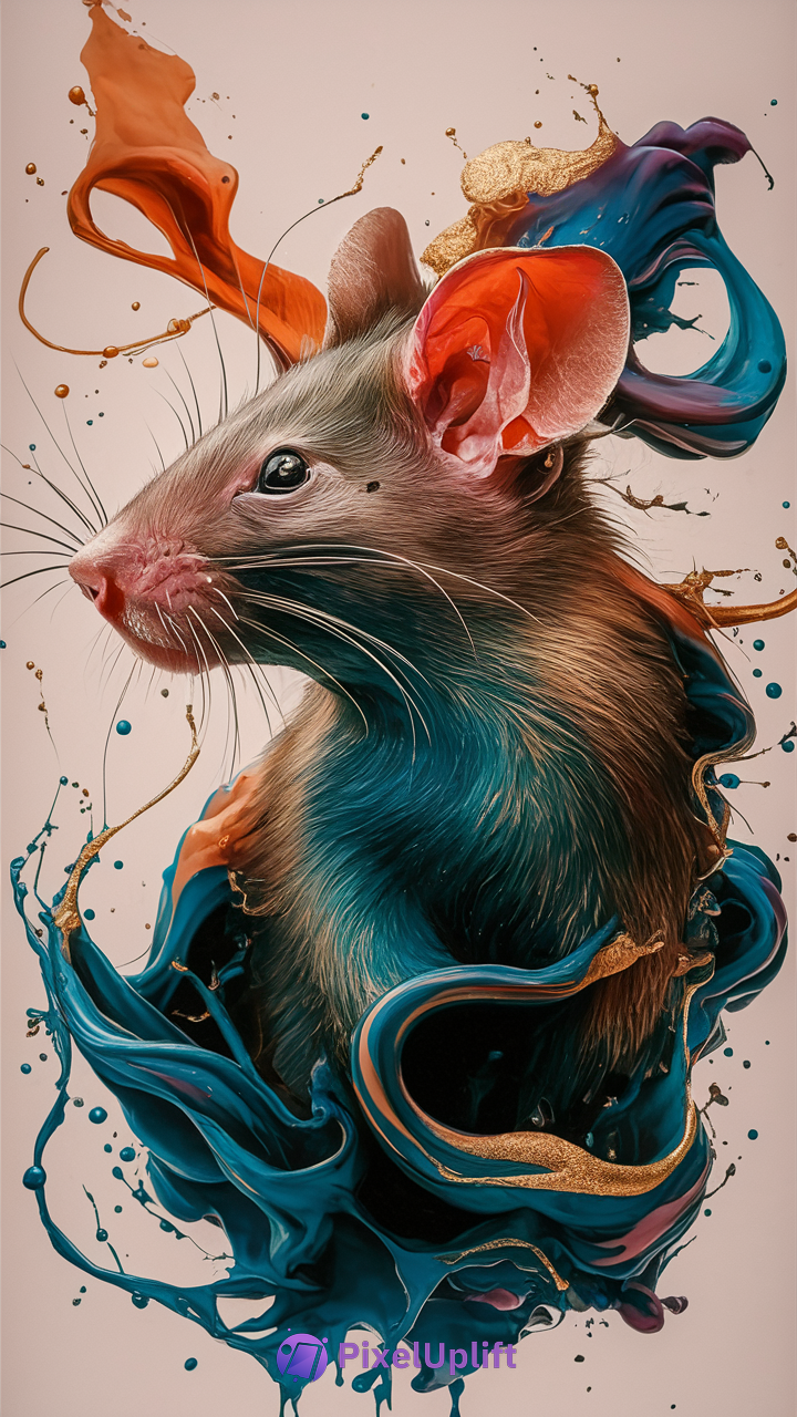 Highly detailed artistic phone wallpaper of a rat with vibrant blue, orange, and gold paint splashes on a light background