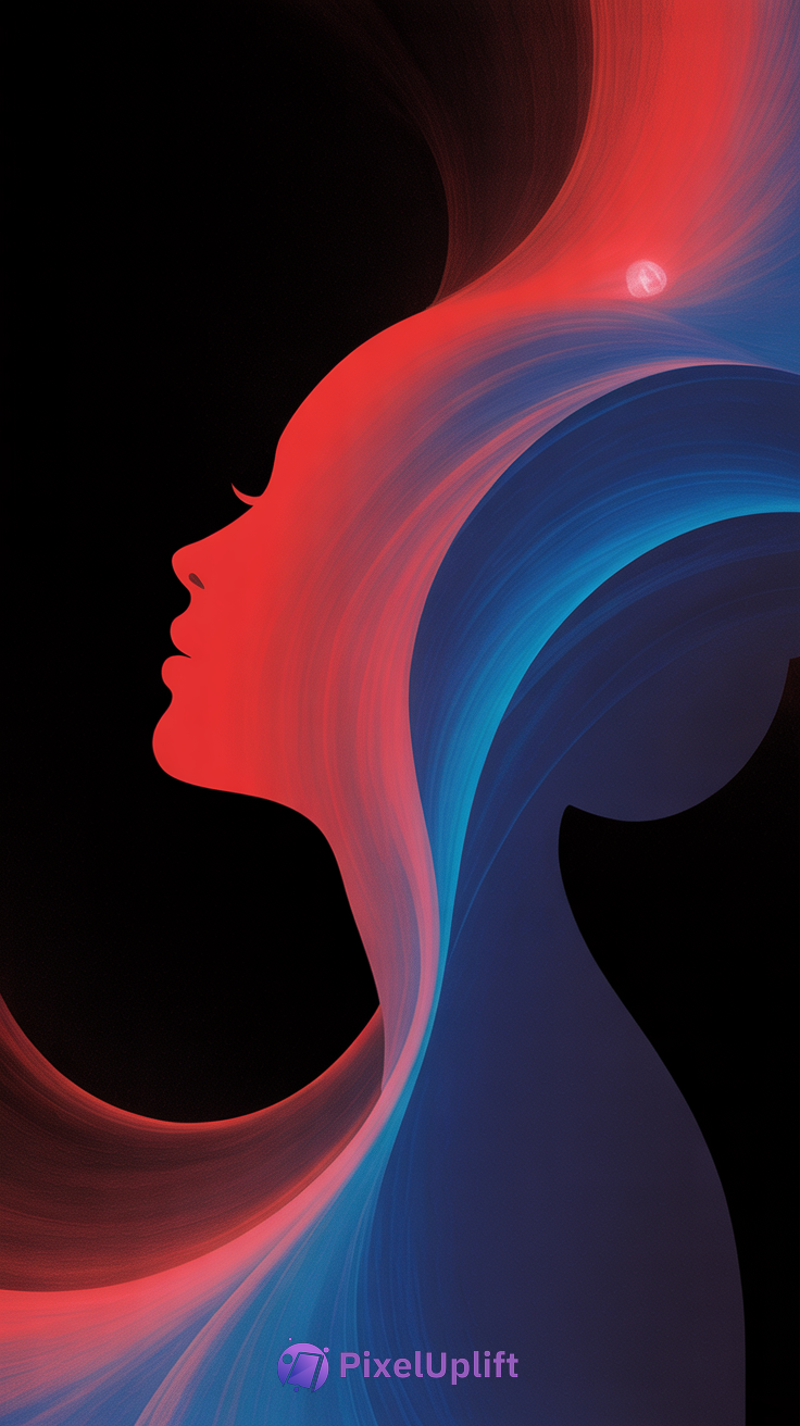 Artistic red and blue silhouette of a woman’s profile on black background phone wallpaper