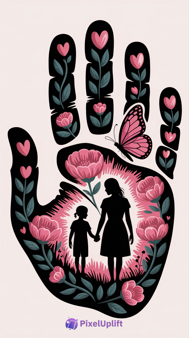 Artistic silhouette of a hand filled with pink flowers and green leaves, featuring black silhouettes of a woman and child holding hands, with a pink butterfly on a finger