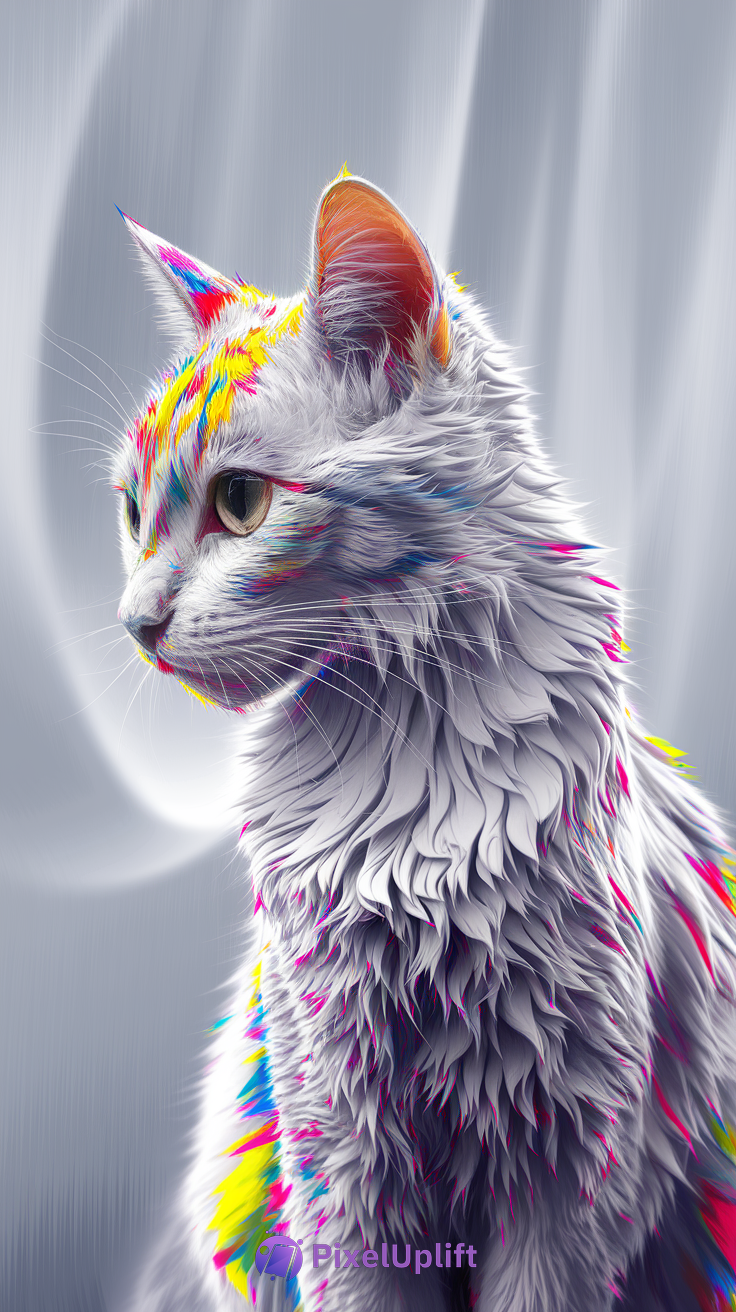 Artistic white cat phone wallpaper with neon colorful accents on soft grey fabric background