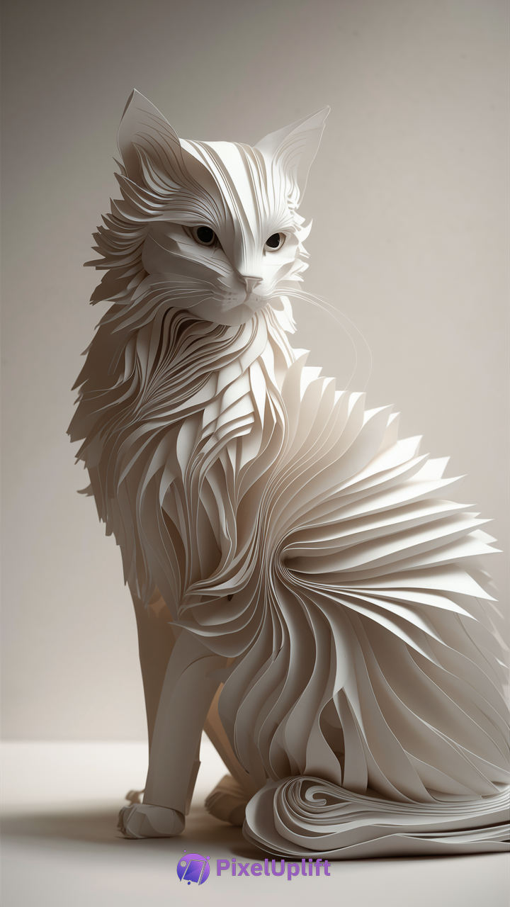 White paper sculpture of a cat with intricate layered design phone wallpaper