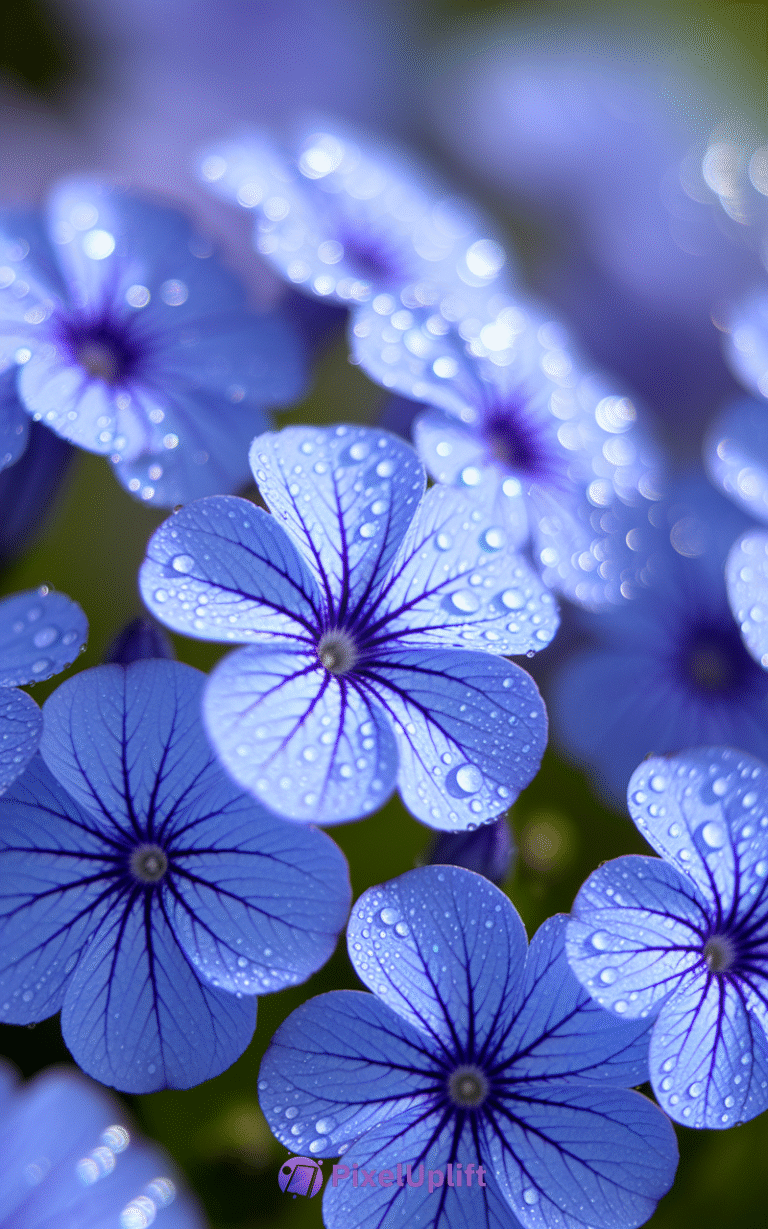 Close-up of delicate blue flowers with water droplets on petals, sharp focus on flowers with blurred background