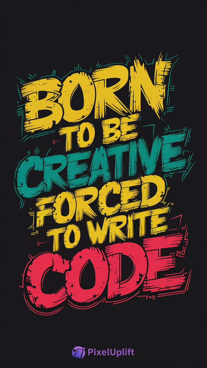 Bold colorful typography phone wallpaper with yellow, teal, and red distressed text on black background saying BORN TO BE CREATIVE FORCED TO WRITE CODE