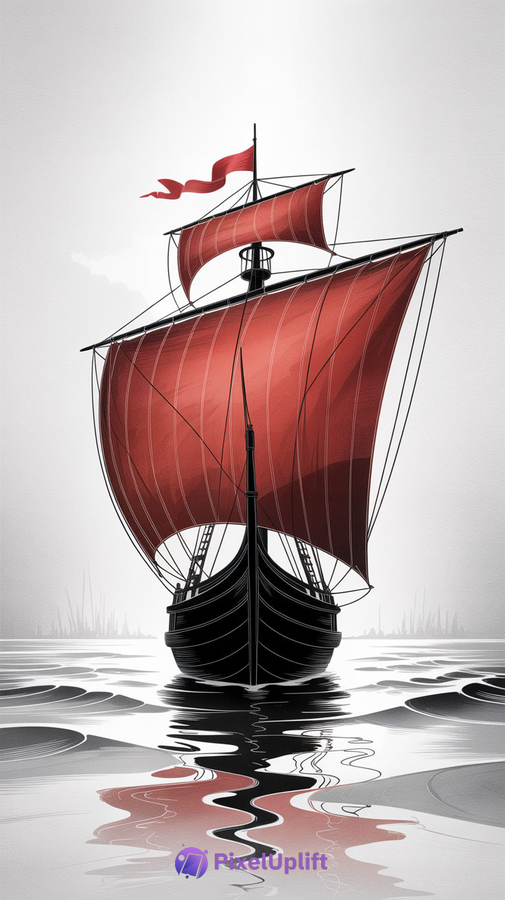 Stylized black ship with large red sails and flag reflected on calm water, minimalist white background phone wallpaper