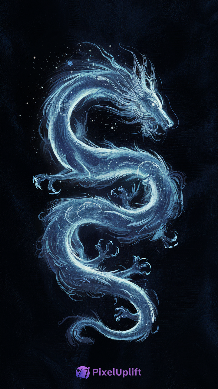 Ethereal celestial dragon in blue and white glowing on dark cosmic background phone wallpaper