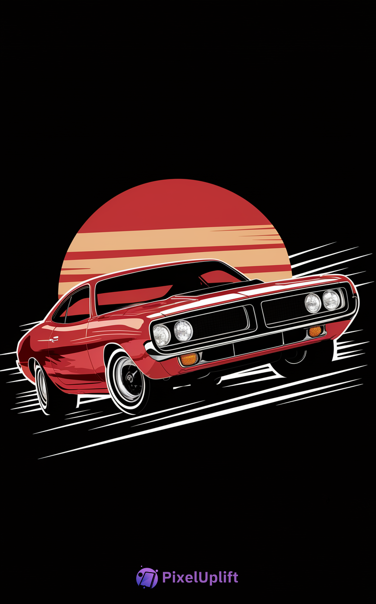 Stylized digital illustration of a classic red muscle car in motion on a black background with retro sunset stripes