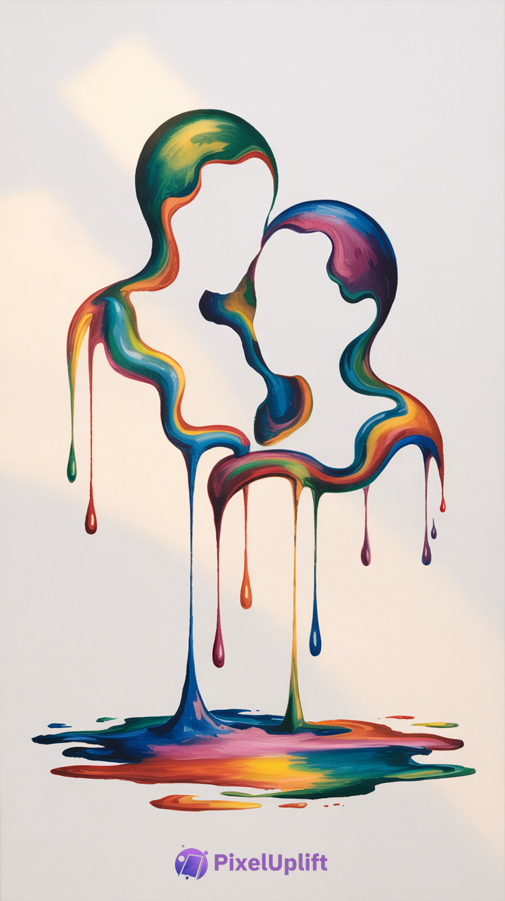 Colorful abstract phone wallpaper with two faceless human figures made of flowing vibrant paint drips on light background