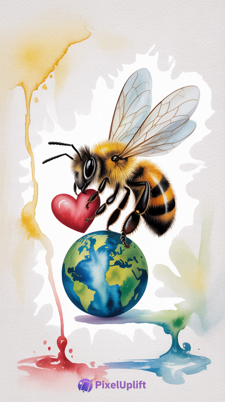 Colorful illustration of a bee holding a red heart on top of a globe with watercolor splashes background