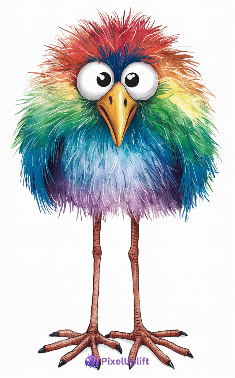 Colorful whimsical bird with vibrant multicolored feathers on white background phone wallpaper