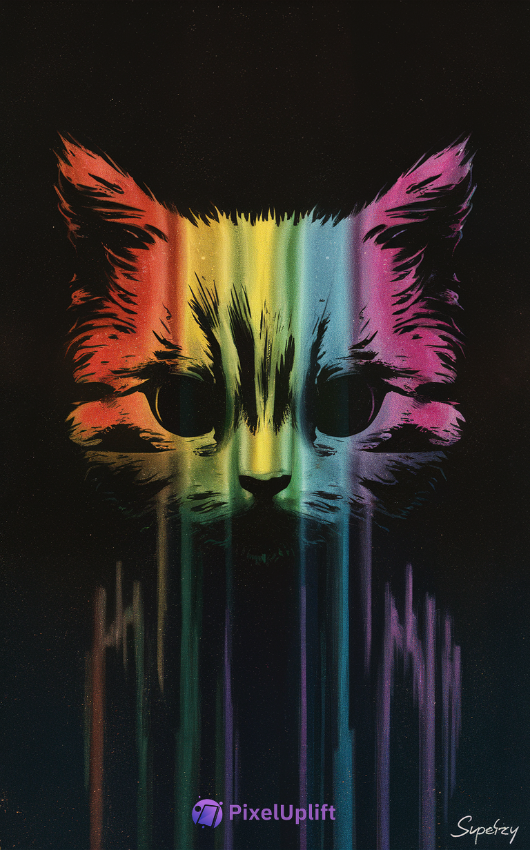 Stylized digital artwork of a cat face with rainbow dripping paint effect on black background phone wallpaper