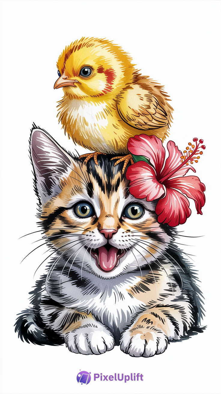Colorful detailed illustration of a joyful tabby kitten with black, white, and tan stripes lying down with a yellow chick on its head and a red hibiscus flower by its ear