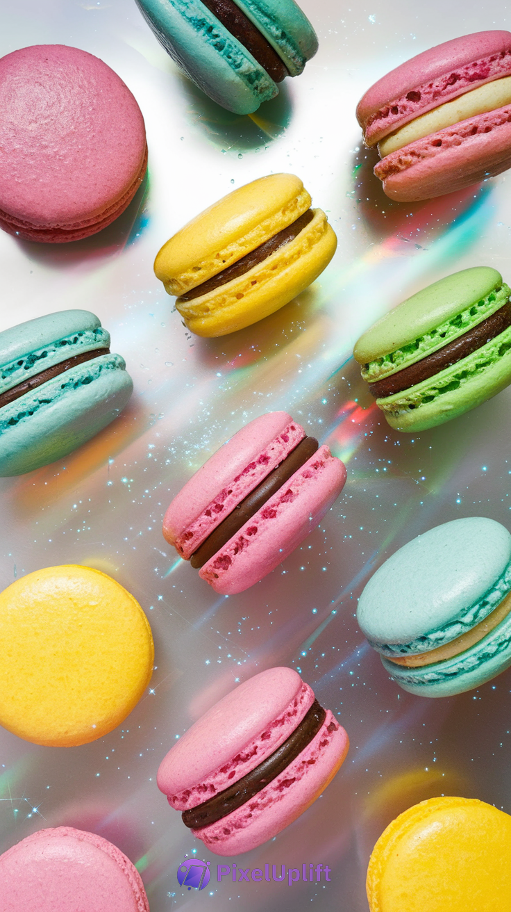 Colorful macarons scattered on a shiny reflective surface with sparkling star-like reflections
