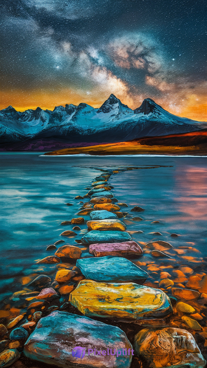 Colorful mountain landscape at night with starry sky and Milky Way over a stone pathway