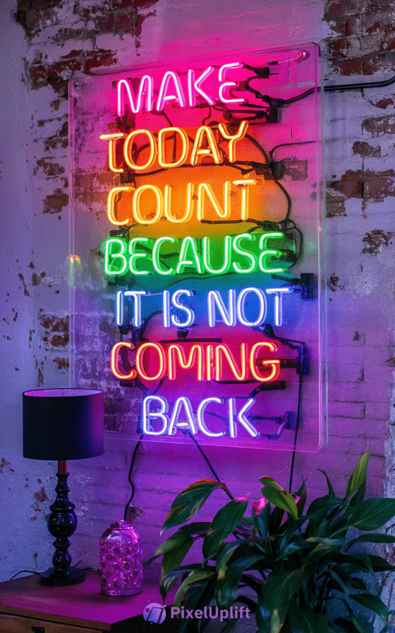 Colorful neon motivational sign on rustic brick wall phone wallpaper with vibrant glow