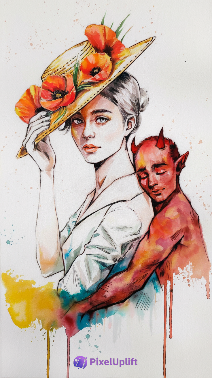 Colorful watercolor phone wallpaper showing a pale woman with a straw hat and vibrant poppies embraced by a peaceful red-skinned devil figure with horns