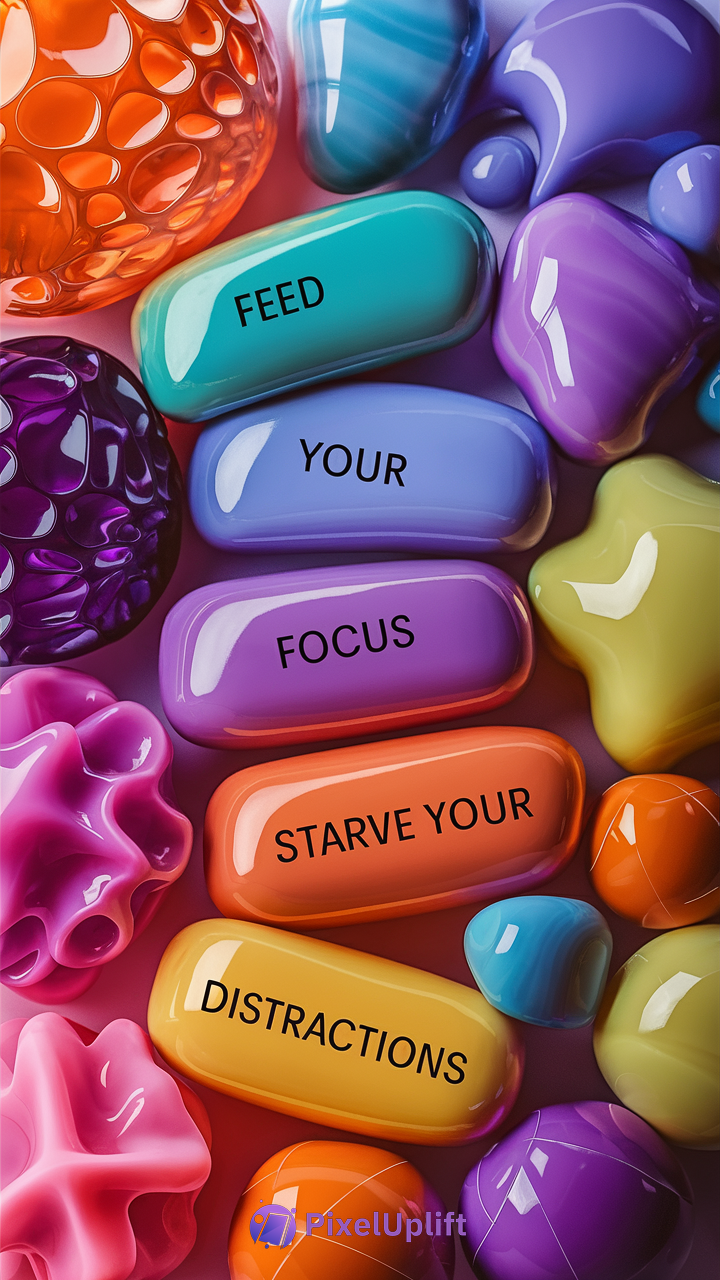 Colorful abstract glossy pebble shapes phone wallpaper with inspirational focus message