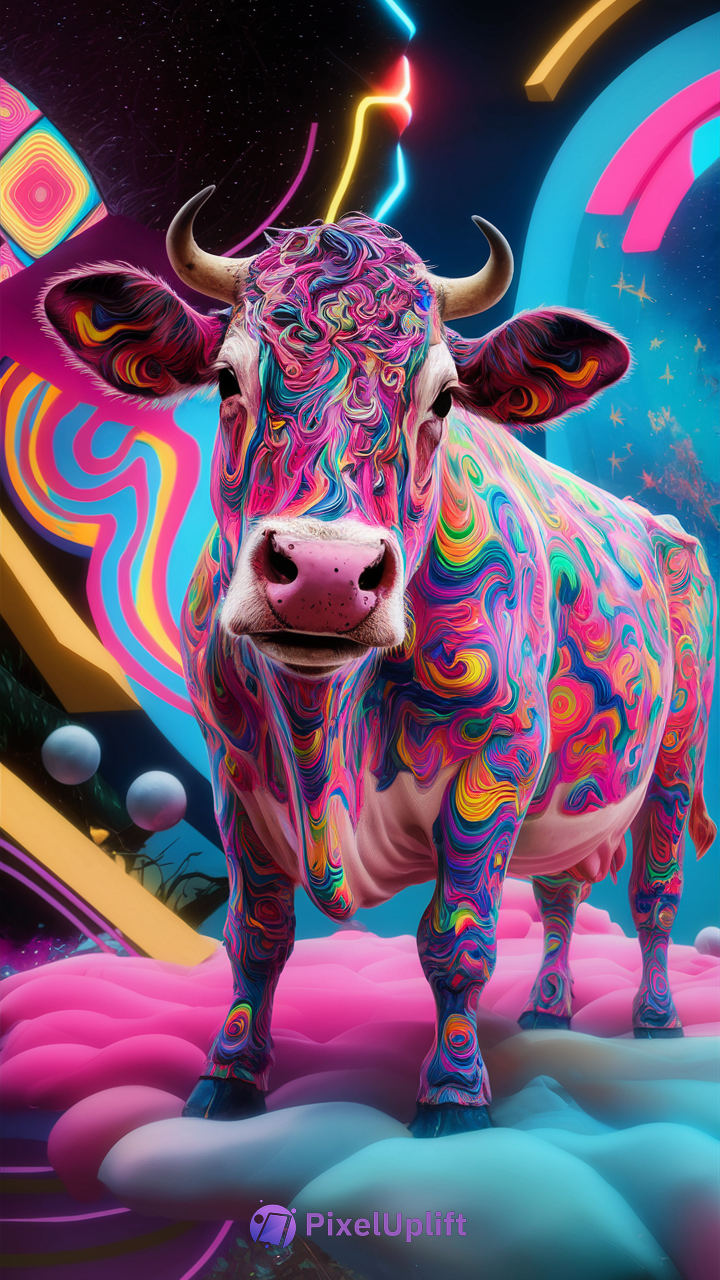 Surreal colorful psychedelic cow standing on fluffy pink and blue clouds with vibrant abstract shapes background