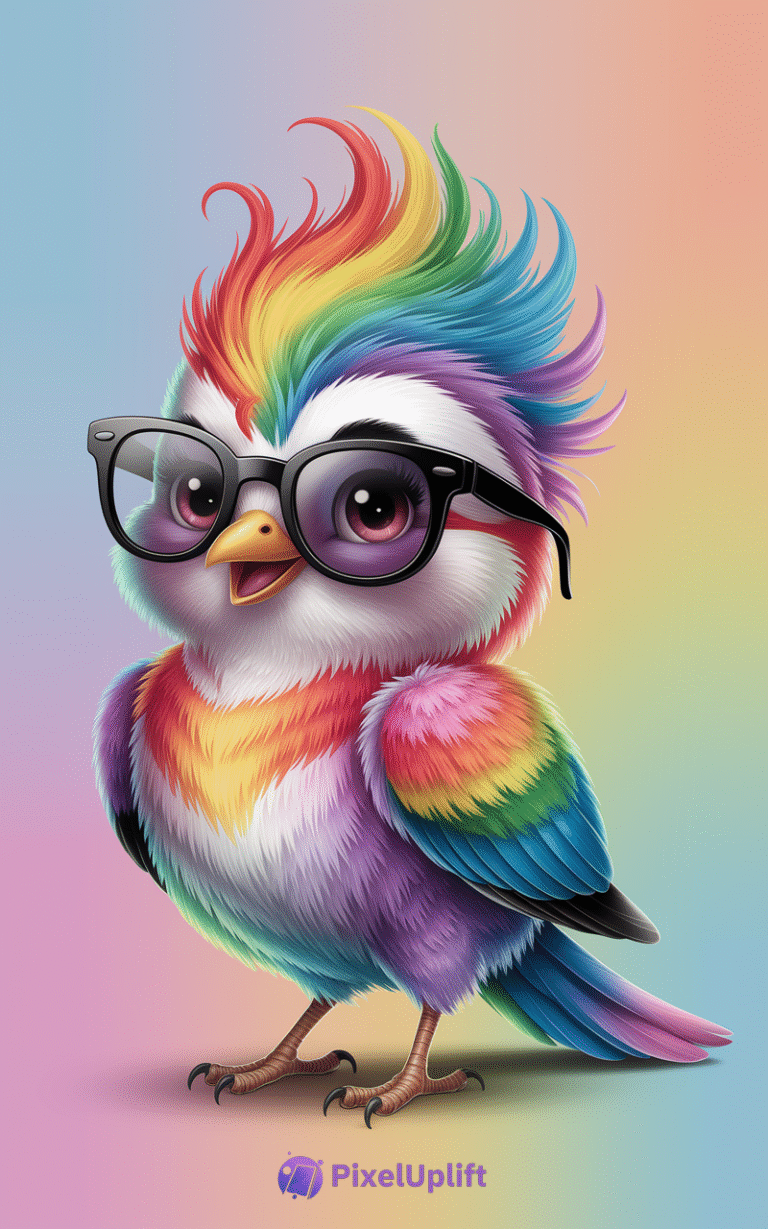 Cartoon-style colorful rainbow bird with oversized black glasses on pastel gradient background phone wallpaper
