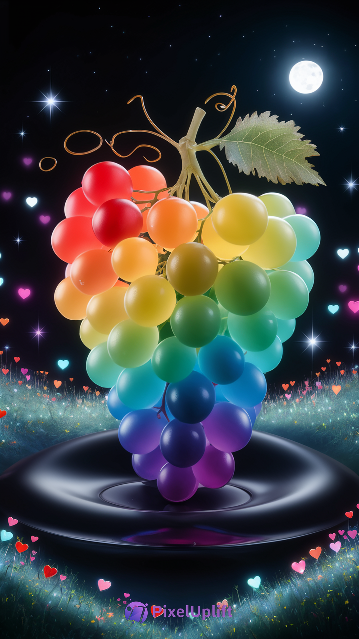 Rainbow grapes phone wallpaper with colorful grapes arranged in a bunch under a starry night sky with full moon and glowing heart shapes on a shiny black surface