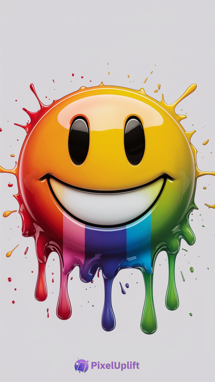 Colorful glossy liquid-like smiley face with vibrant gradient colors and paint splashes on light gray background phone wallpaper