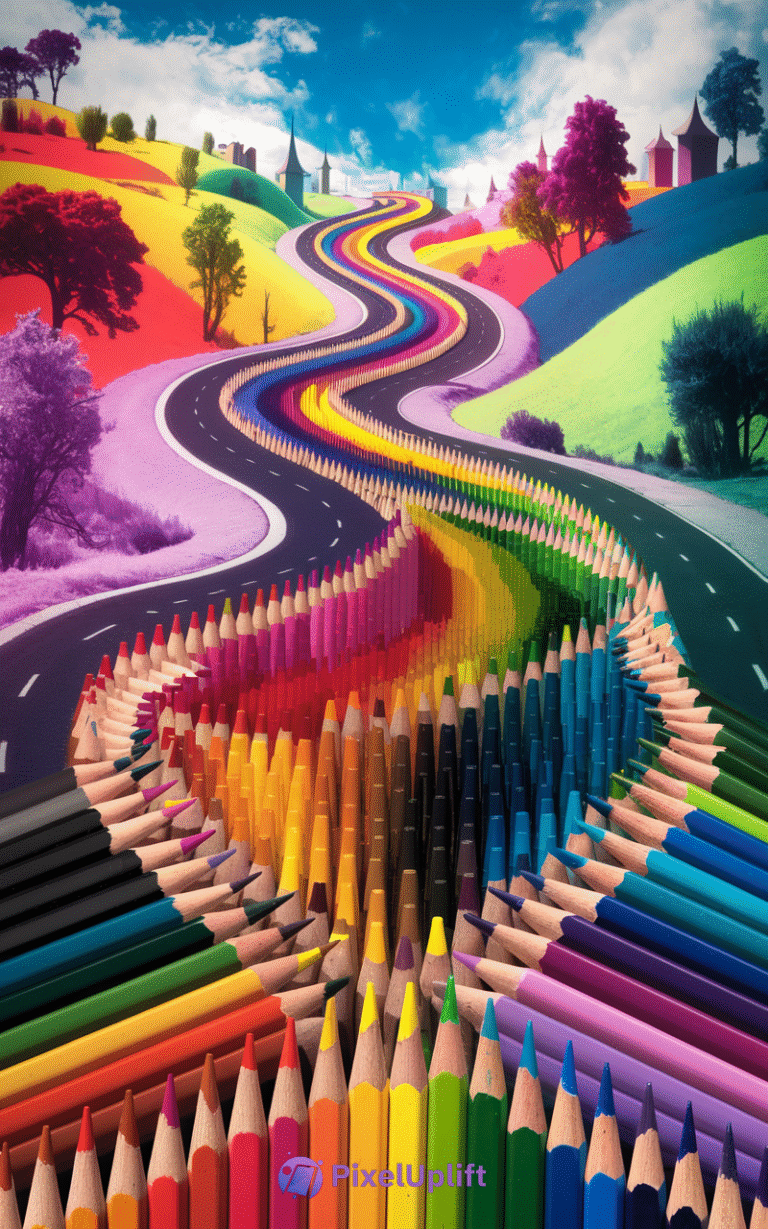 Surreal colorful phone wallpaper with a winding road made of arranged colored pencils through vibrant hills and whimsical towers under a cloudy sky