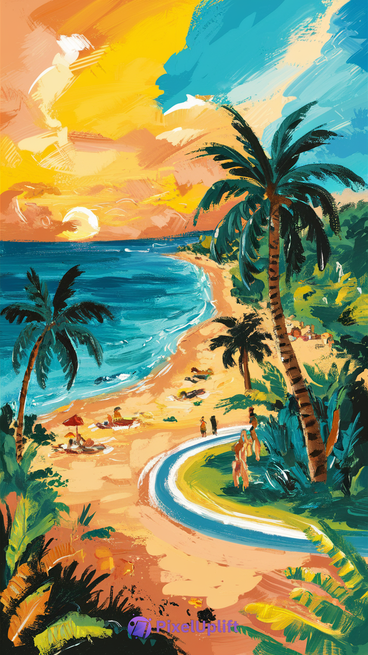 Colorful tropical beach phone wallpaper with sunset, palm trees, blue ocean waves, and lush greenery