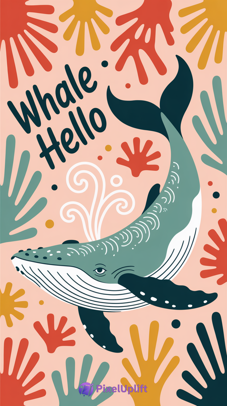 Colorful stylized whale illustration with smiling whale and whimsical water spouts on light pink background phone wallpaper