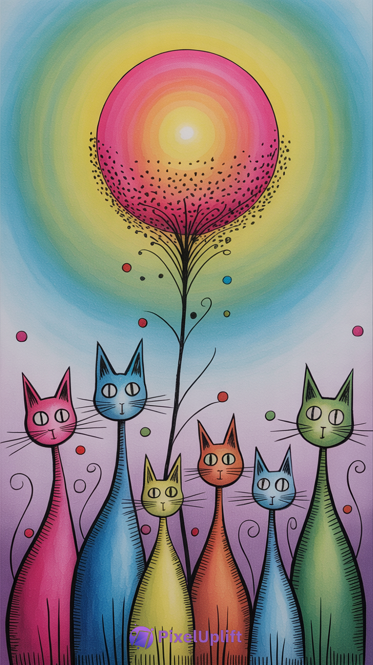 Colorful whimsical phone wallpaper with six stylized cats and an abstract warm-toned flower on a dreamy gradient background
