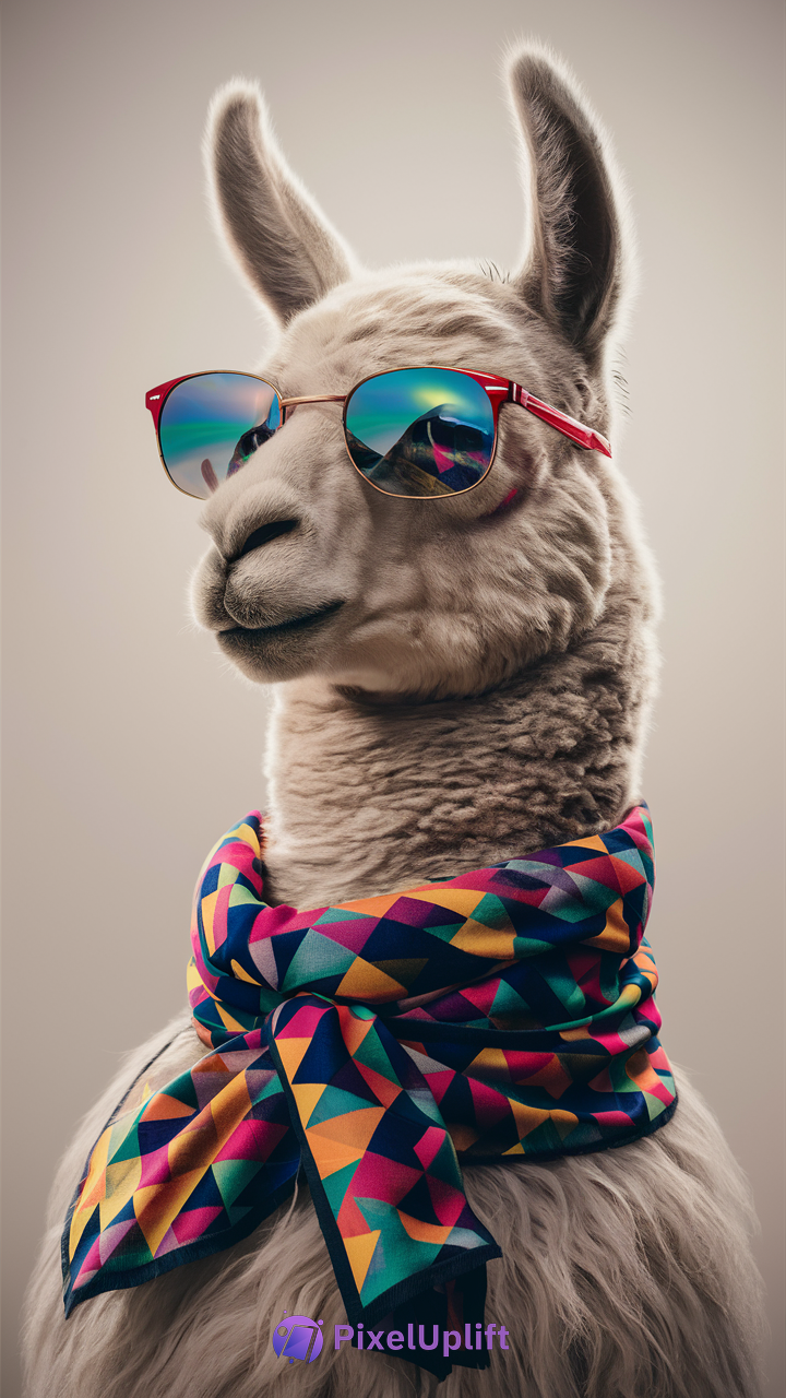 White llama wearing red sunglasses and a colorful geometric scarf on a neutral background phone wallpaper