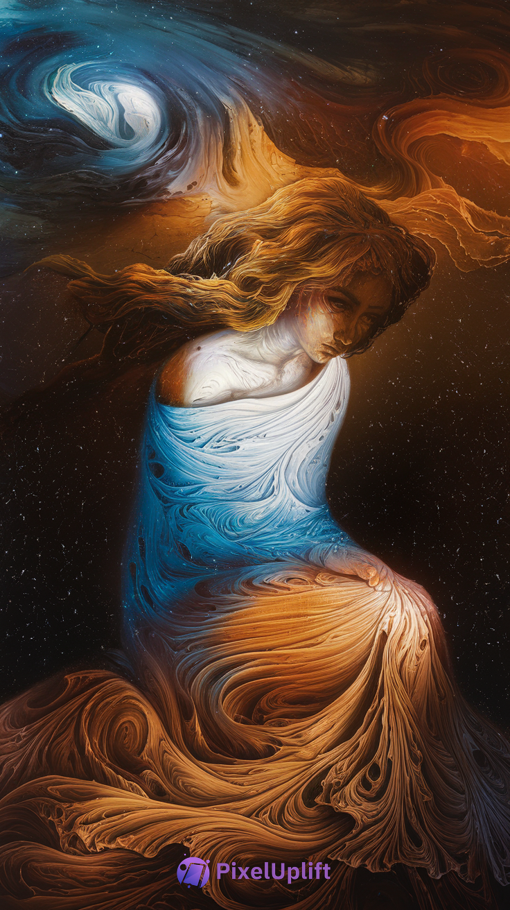 Surreal cosmic fluid art phone wallpaper showing a woman blending with swirling brown, gold, white, and blue galaxy patterns