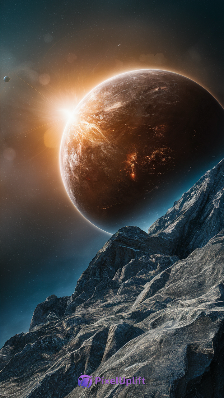 Cosmic phone wallpaper showing a rocky alien landscape with a glowing fiery planet and a smaller celestial body in the background