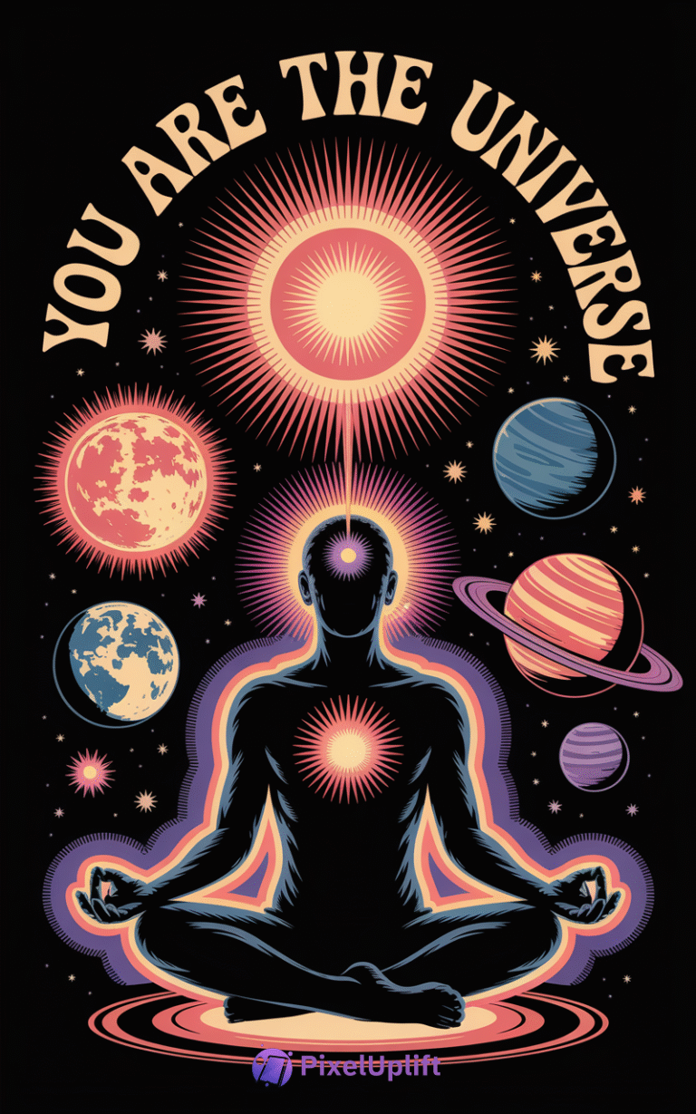 Cosmic phone wallpaper showing a dark meditative silhouette surrounded by colorful planets, stars, and radiant light with text you are the universe