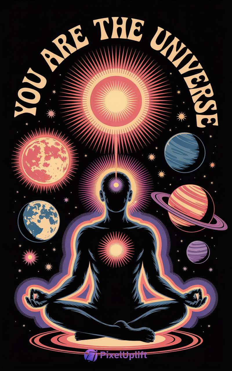 Cosmic phone wallpaper showing a dark meditative silhouette surrounded by colorful planets, stars, and radiant light with text you are the universe