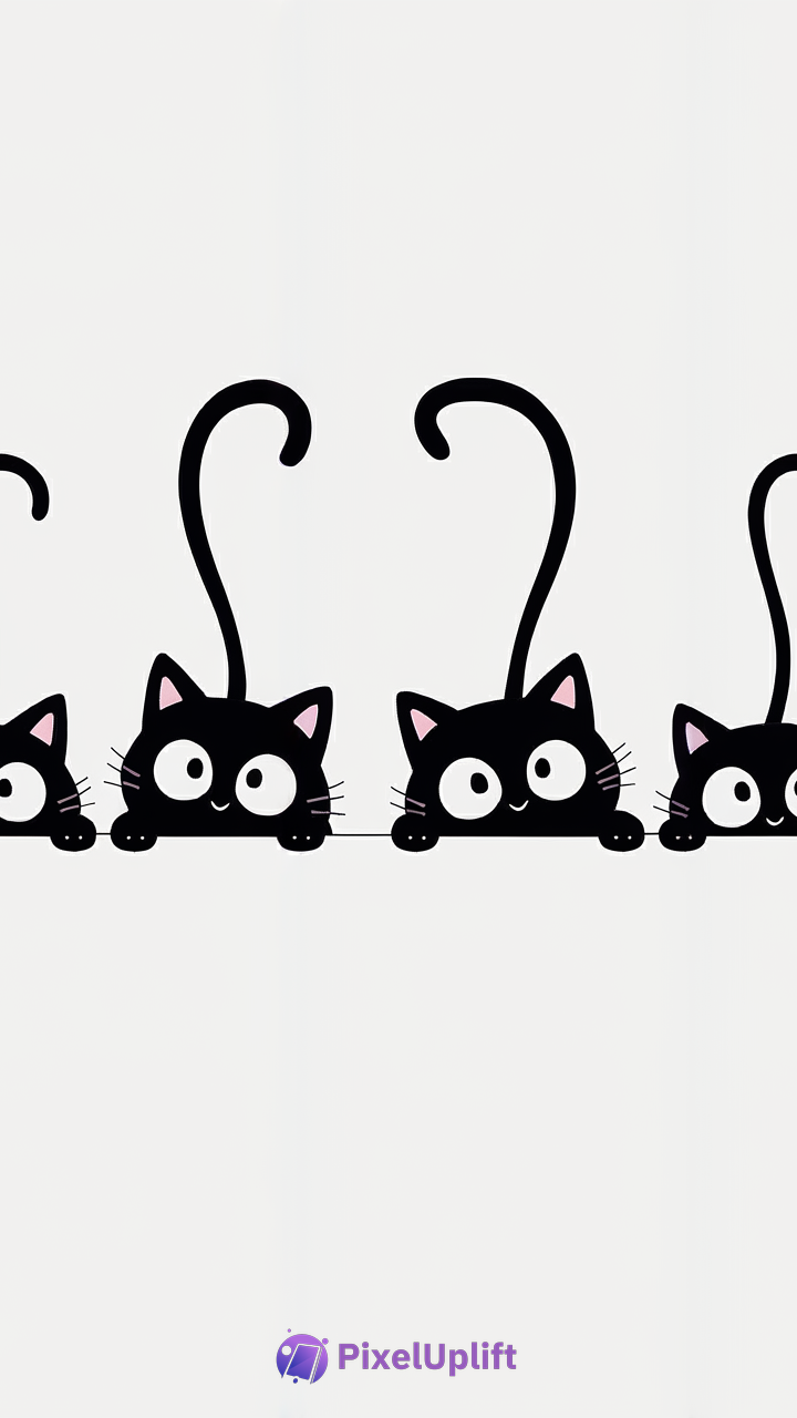 Cute cartoon black cats lined up on a white background with expressive eyes and pink ears phone wallpaper