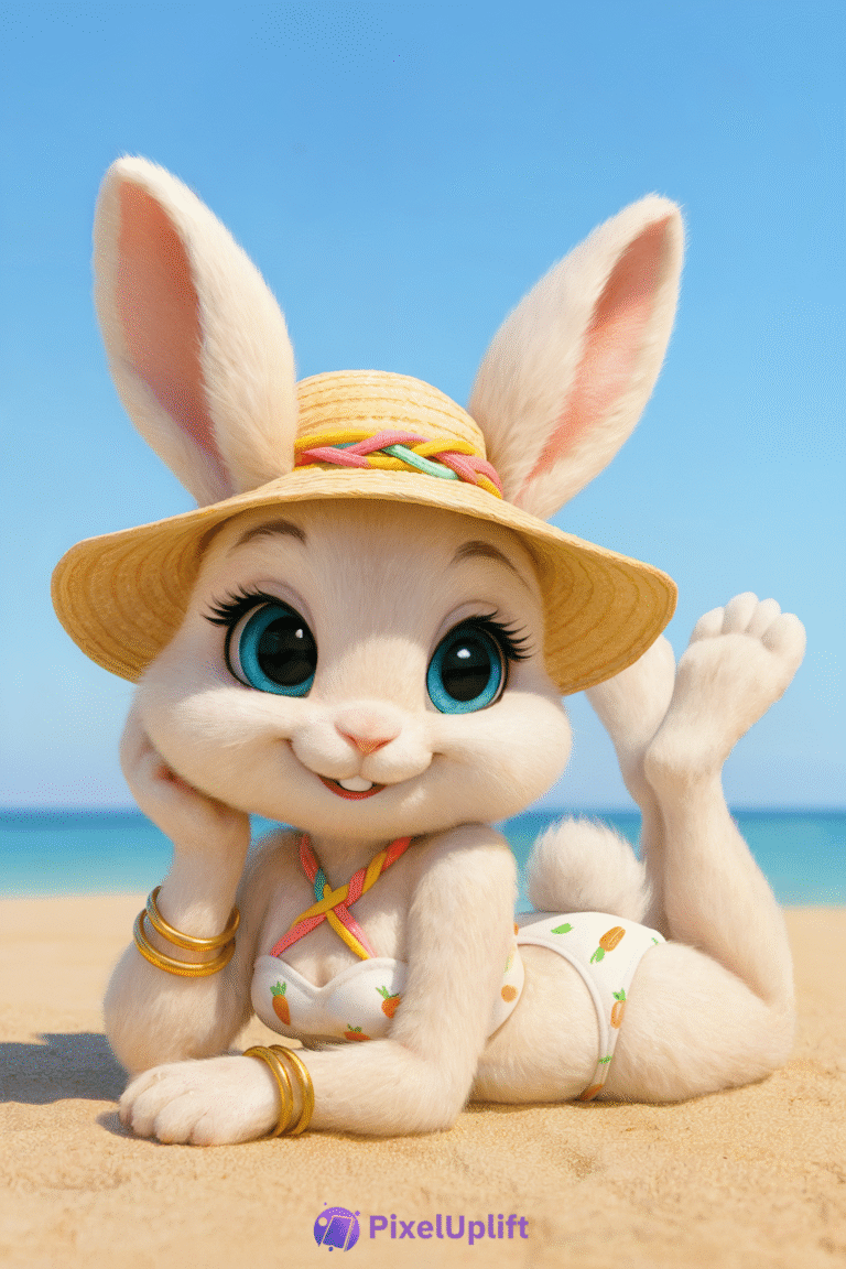 Adorable white bunny with large blue eyes wearing a carrot bikini and straw hat lying on sandy beach under clear sky