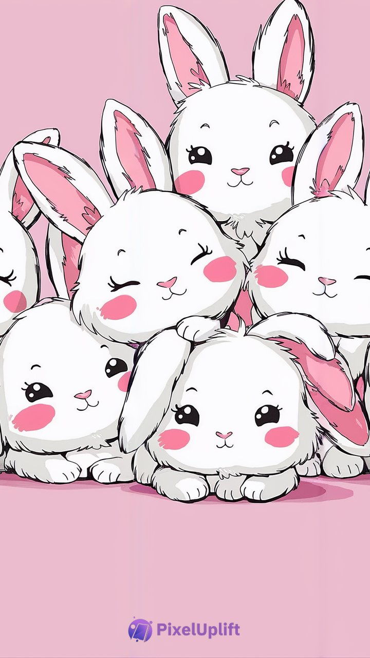 Colorful illustration of six white bunnies with pink ears and rosy cheeks on a light pink background, ideal as a cute phone wallpaper