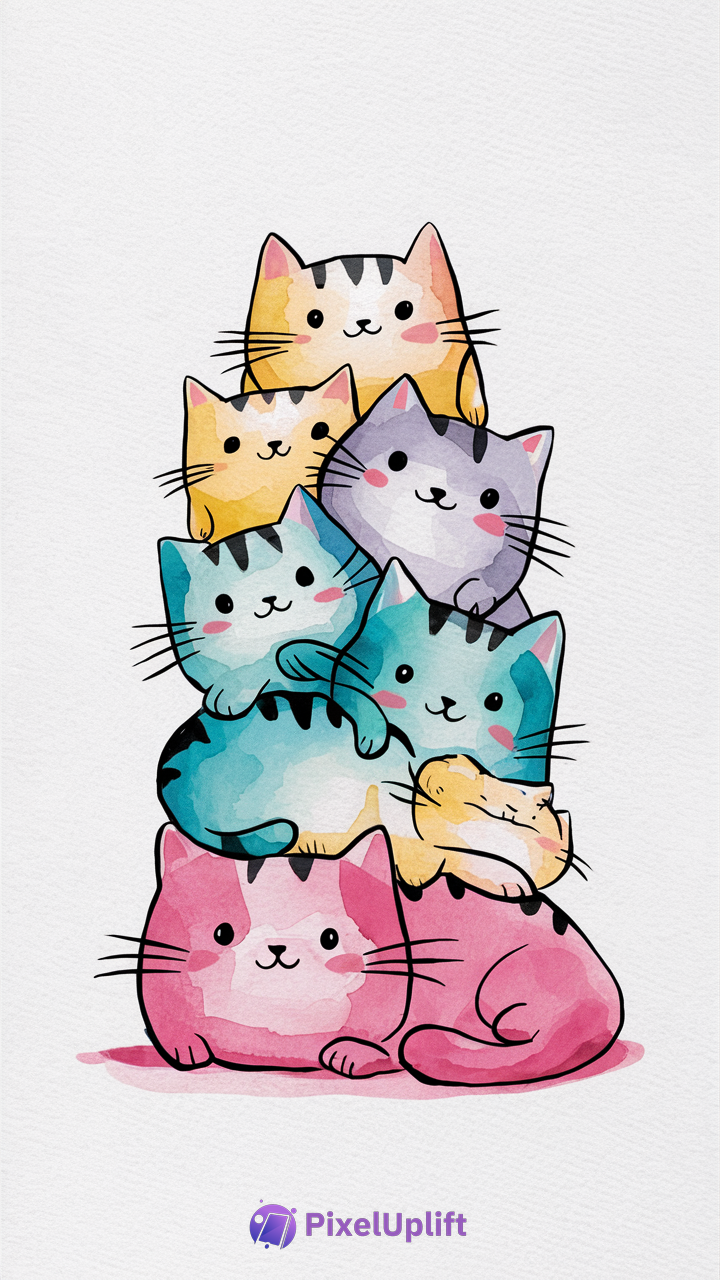 Cute colorful cartoon cats stacked in a pyramid shape on a white background phone wallpaper