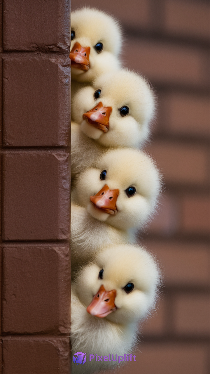 Four adorable ducklings peeking from behind a brown brick wall with soft blurred background