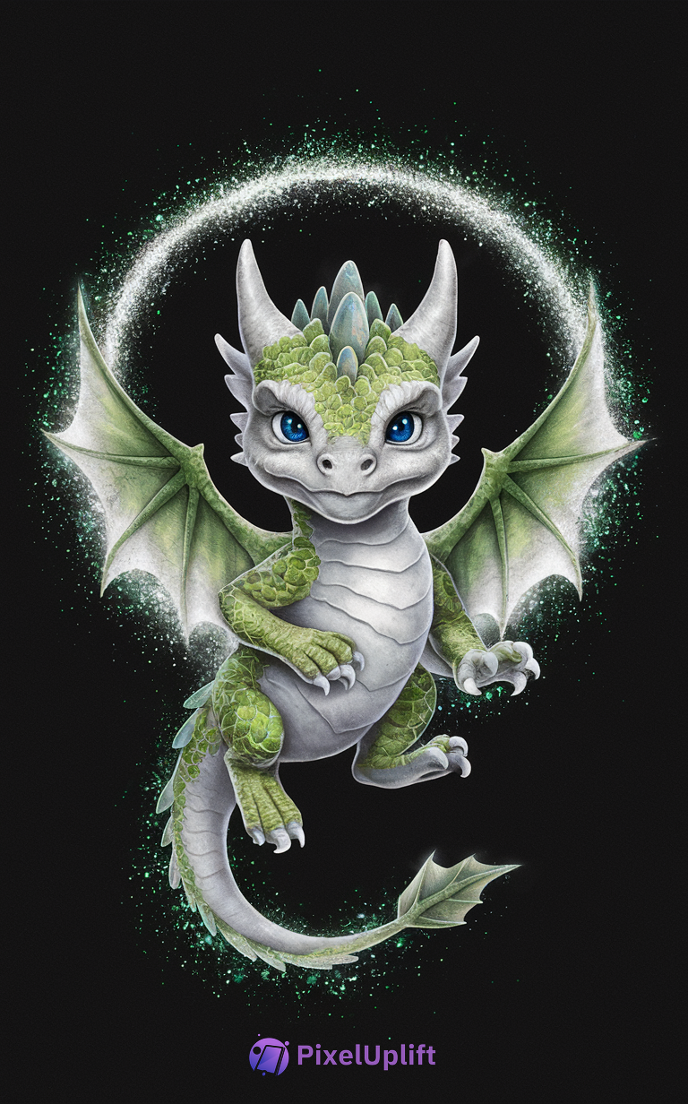 Cute fantasy baby dragon with green and white scales, blue eyes, and magical aura on black background phone wallpaper
