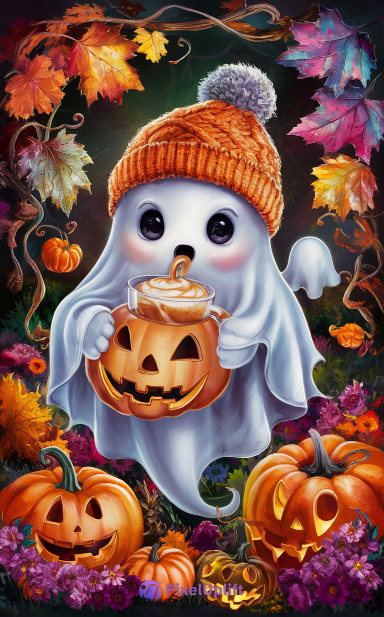 Cute ghost wearing orange knitted hat holding carved pumpkin with creamy drink inside surrounded by pumpkins and autumn leaves phone wallpaper