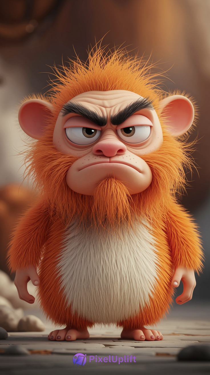 Cute grumpy anthropomorphic orange furry creature with thick black eyebrows and white belly on warm-toned rocky background phone wallpaper